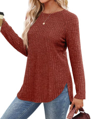 Ribbed knit long sleeve maternity tee in rust with crew neck and side slits.