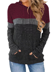 Color block ribbed knit hoodie in burgundy, gray, and black with thumbholes and pockets.