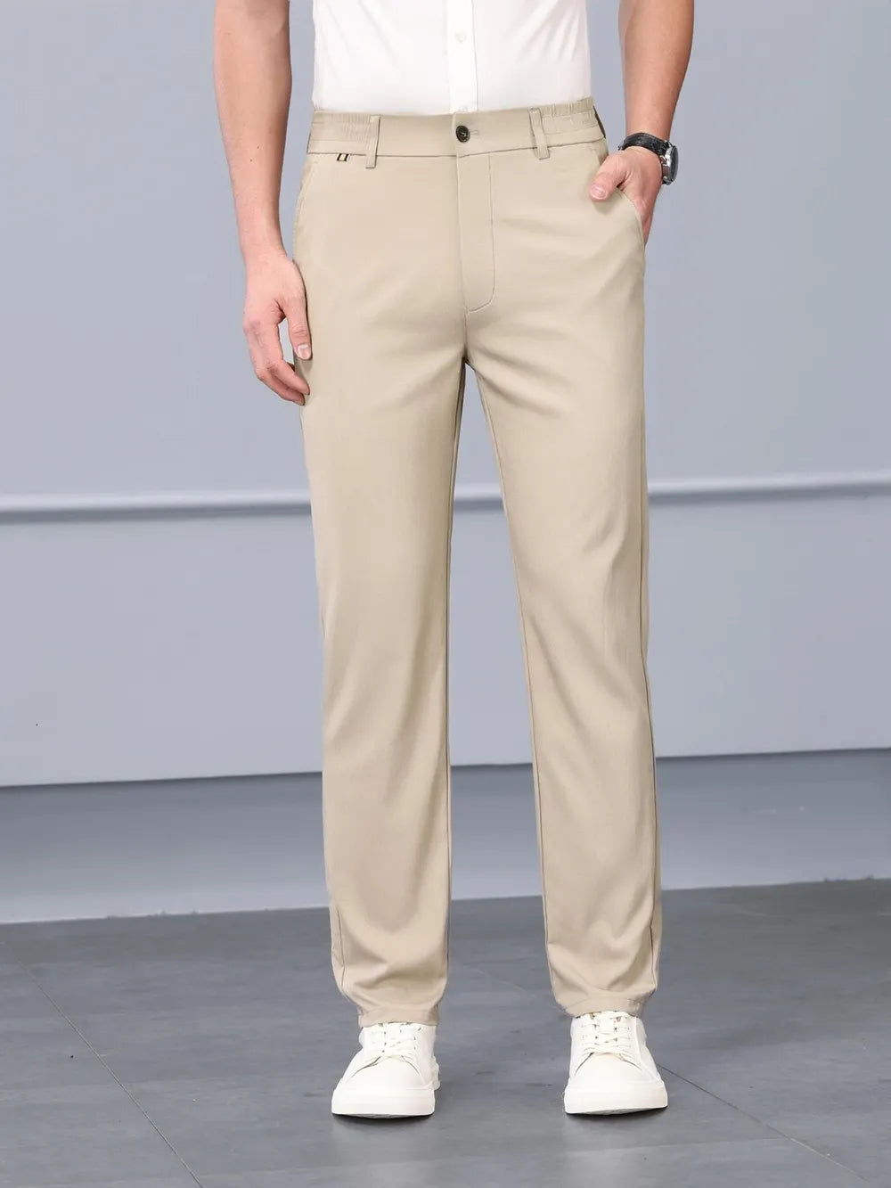 Khaki classic fit sweatpants with elastic waistband and straight leg