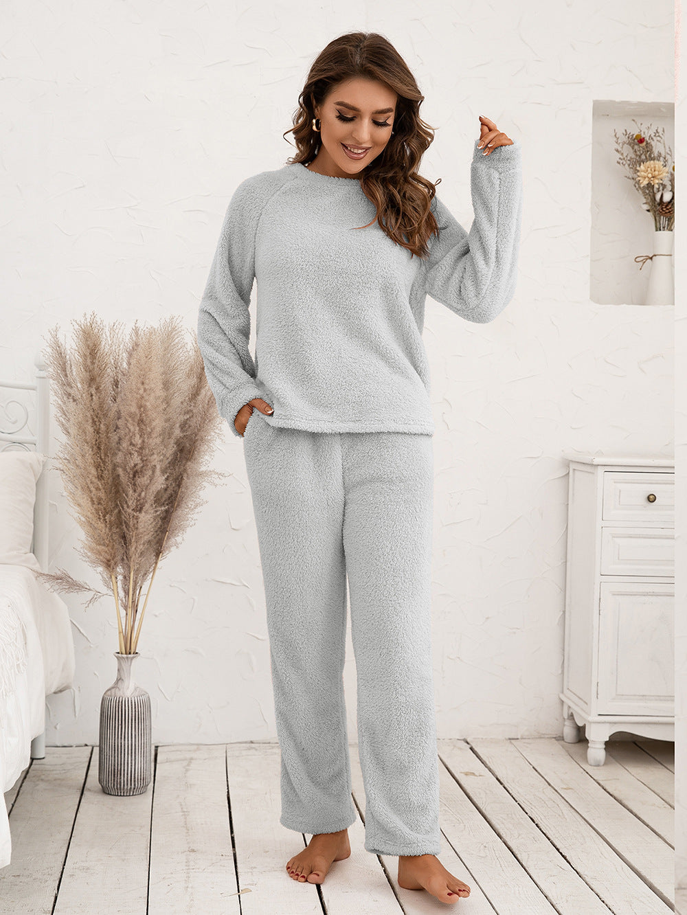 Light Gray plush loungewear set with raglan sleeves and relaxed fit pants.