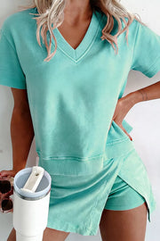 Turquoise cotton skort set with V-neck top and wrap skort, casual women's outfit