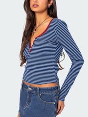 Blue striped long sleeve Henley with contrast collar and button detail