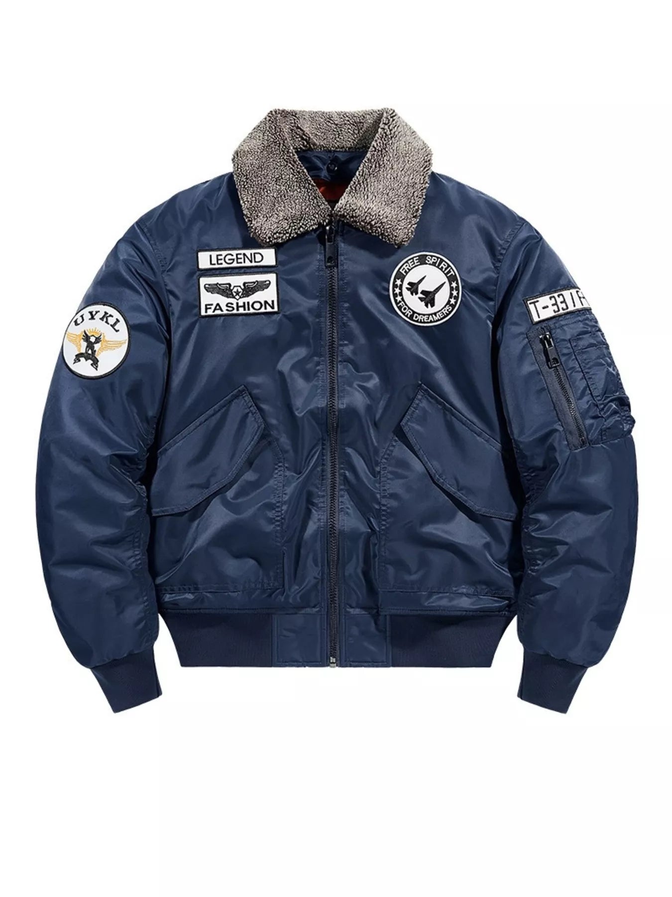 Dark blue bomber jacket with embroidered patches and faux fur collar.