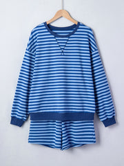 Blue striped loungewear set with crewneck sweatshirt and shorts