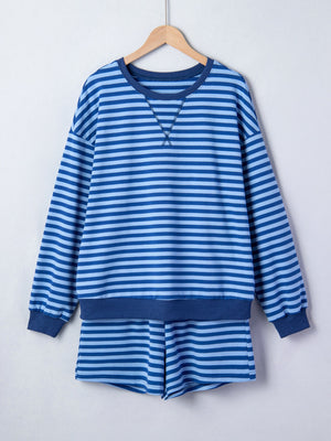 Blue striped loungewear set with crewneck sweatshirt and shorts