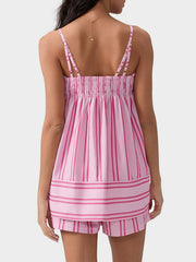 Pink striped smocked cami and shorts set with adjustable straps and a banded hem.