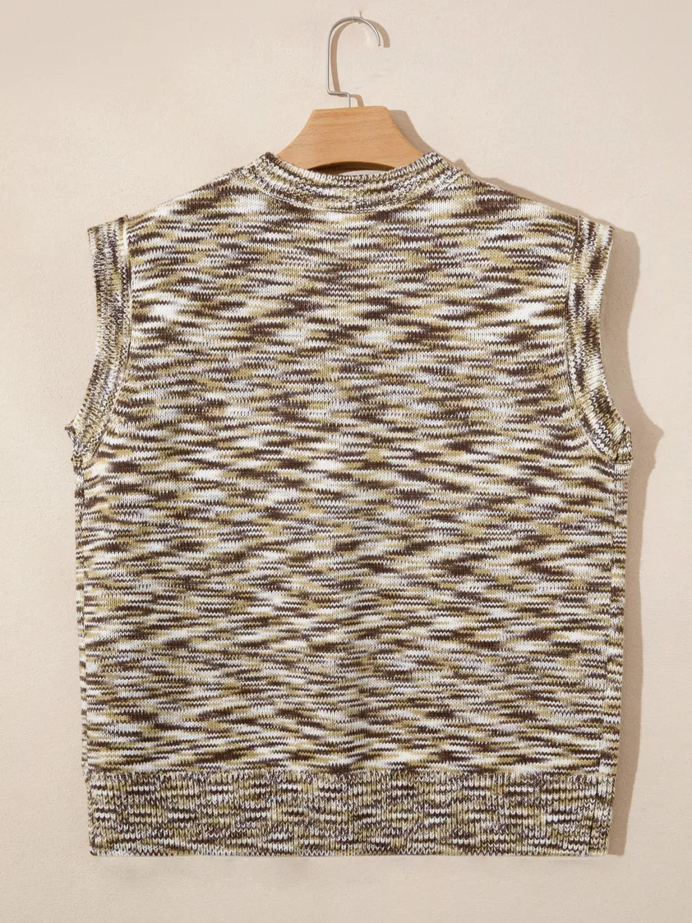 Horseshoe Knit Sweater Vest in brown, white, and green marled acrylic with mock neck.
