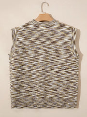 Horseshoe Knit Sweater Vest in brown, white, and green marled acrylic with mock neck.