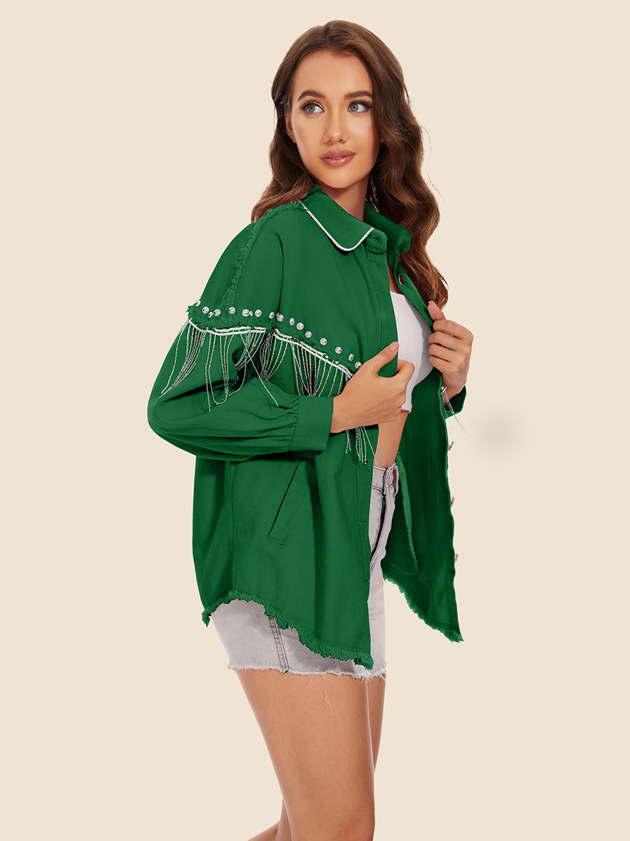 Dark green denim trucker jacket with fringe and bead embellishments on sleeves.