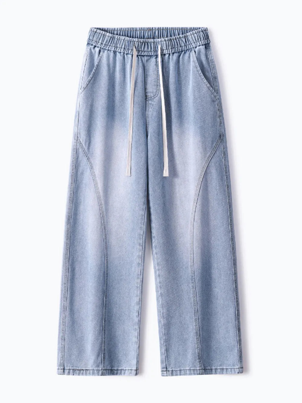 Men's light wash wide-leg jeans with drawstring waist and vintage fade detail.