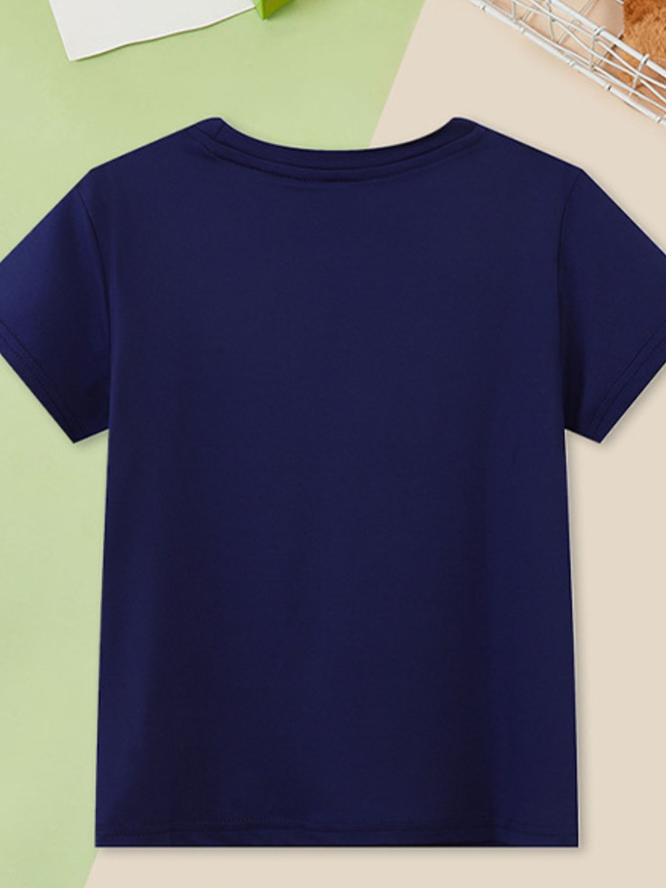 Navy crew neck toddler t-shirt with short sleeves.