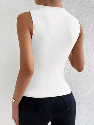 White ruched mock-neck tank top with a fitted silhouette.