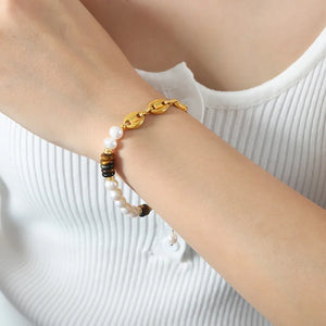 Gold link bracelet with pearls and tiger's eye beads