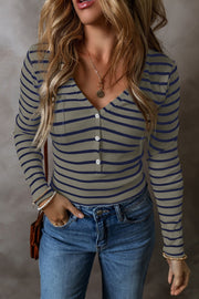 Ribbed stripe henley top with button detail and long sleeves in olive and navy.