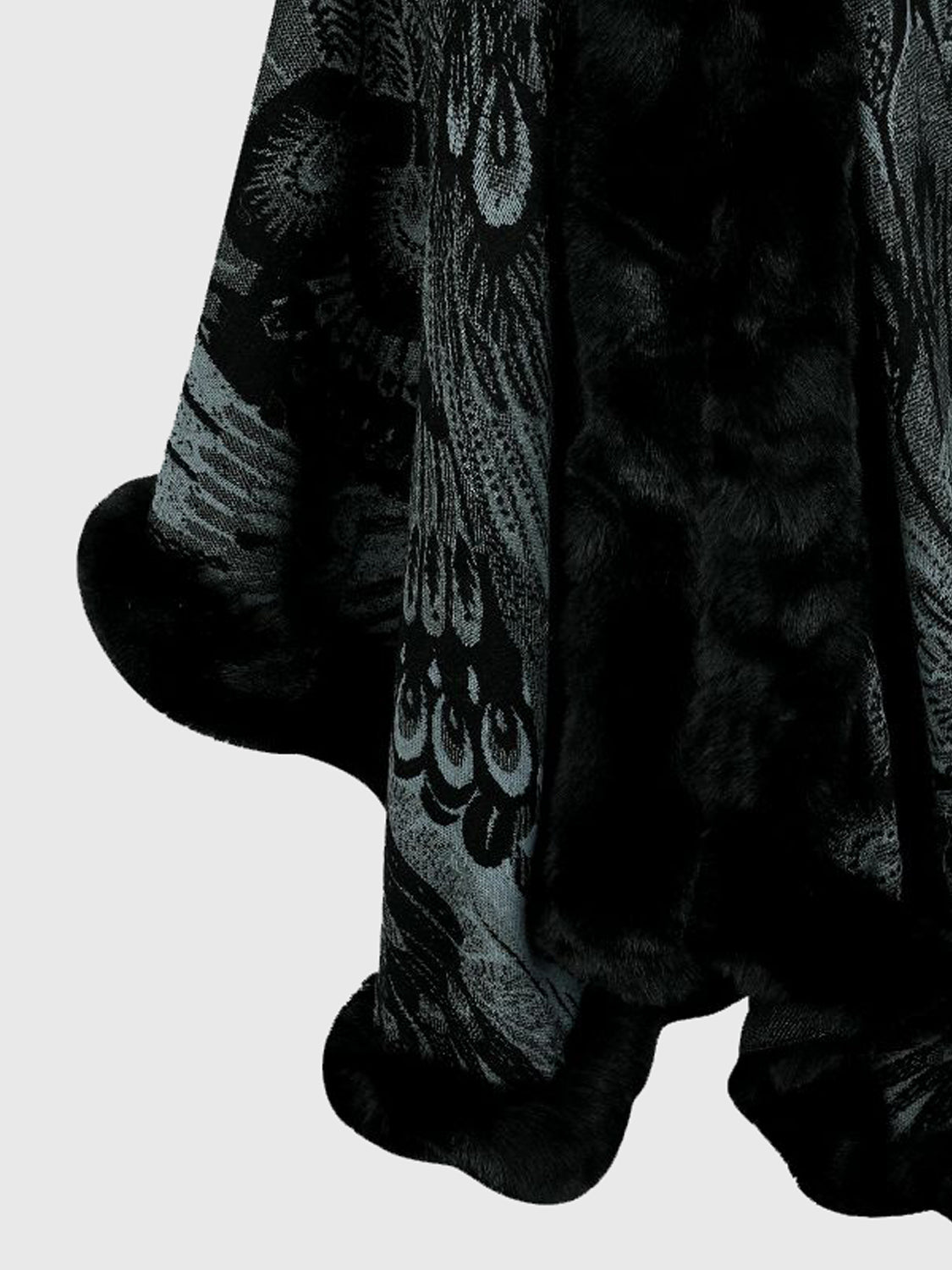 Charcoal feather print cape with faux fur trim detail