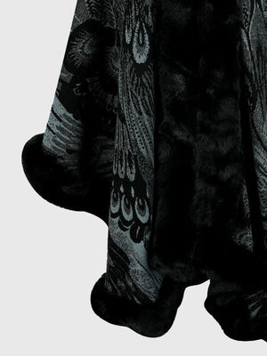 Charcoal feather print cape with faux fur trim detail