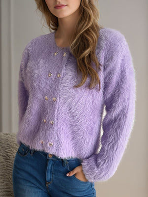 Fluffy lavender double-breasted knit cardigan with heart buttons
