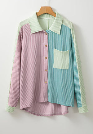 Waffle knit colorblock button-up shirt in pink, teal, and mint green with a chest pocket.