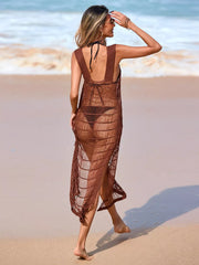 Brown openwork crochet maternity cover-up with side slit and deep scoop back