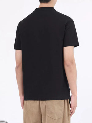Black cotton casual Henley t-shirt with button placket, short sleeves.