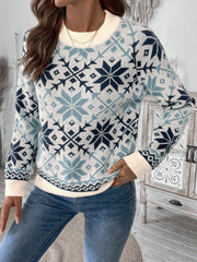 Light blue acrylic crewneck sweater with snowflake fair isle pattern