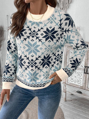 Light blue acrylic crewneck sweater with snowflake fair isle pattern