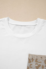 White cotton t-shirt with leopard print pocket detail and crochet trim