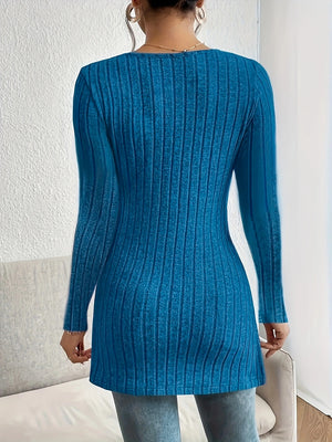 Sky blue ribbed knit tunic top with long sleeves and a contoured fit.