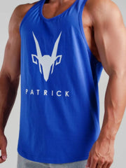 Royal blue performance tank top with white graphic logo and text