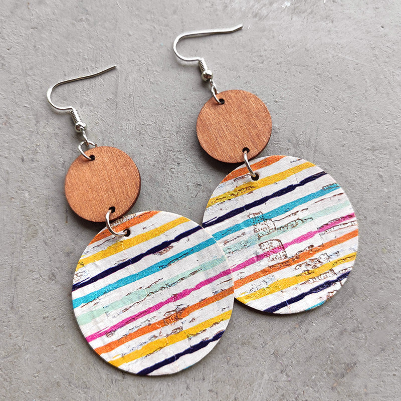 Cork and wood disc earrings with colorful stripes, boho style.