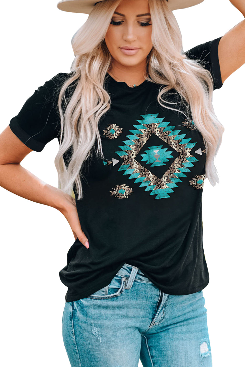 Black crew neck tee with Aztec geo print and leopard accents