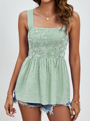 Light green gingham peplum tank top with smocked bodice and square neckline.