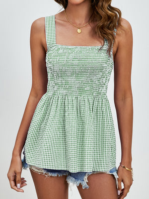 Light green gingham peplum tank top with smocked bodice and square neckline.