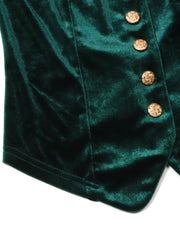 Green velvet button-down vest with gold buttons and lace trim detail