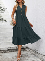 Dark green sleeveless midi dress with button-down front and tiered ruffles.