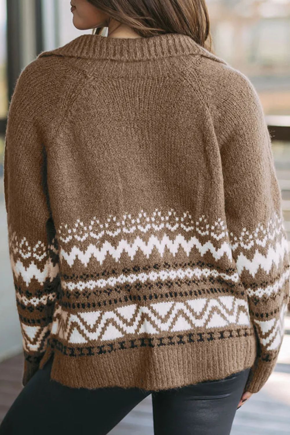 Taupe knit zip-through jacket with Fair Isle pattern and collared neckline.
