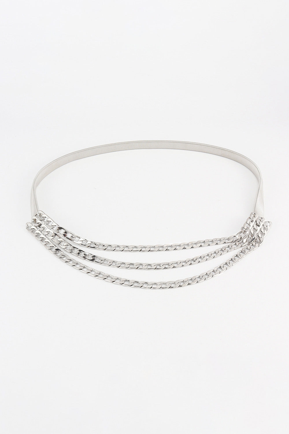 Silver chain cascade belt with three dangling chains.