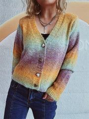 Ombre knit cardigan with heart buttons and V-neck, acrylic blend.