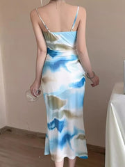 Abstract Watercolor Ruched Midi Dress in Yellow, close-up detail