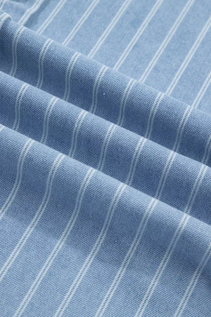 Denim mini dress with vertical white pinstripes and a textured weave.