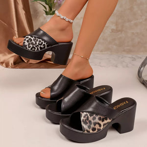 Leopard print cross-strap block heel sandals with platform sole