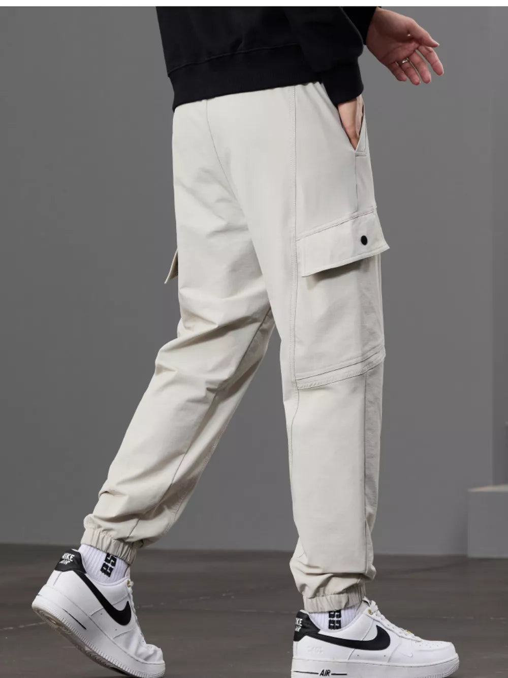 Men S Casual Cargo Pants With Drawstring Waist in Khaki, editorial view