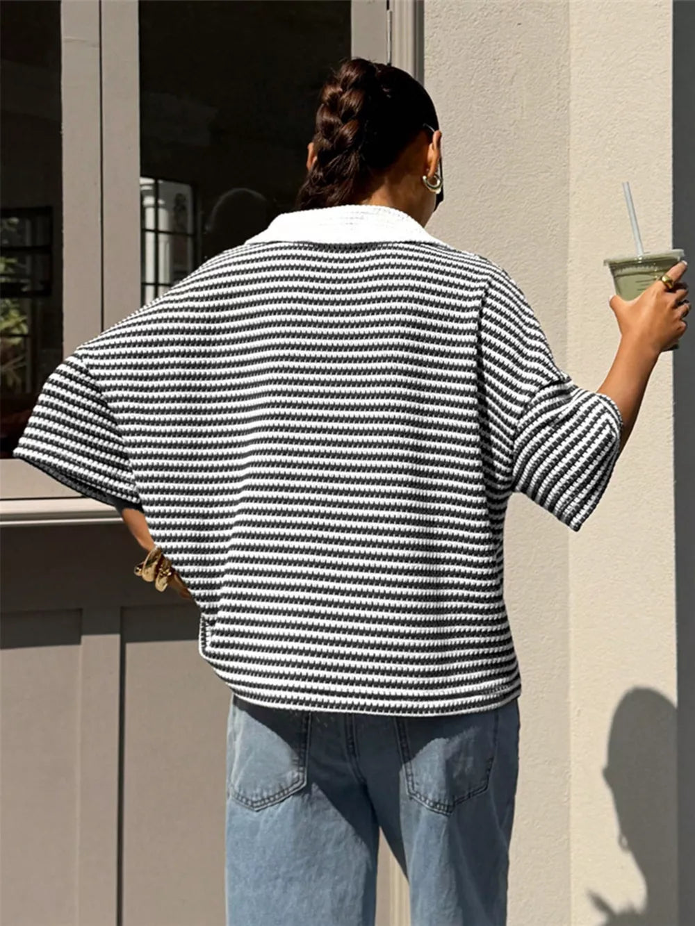 Striped Knit 3/4 Sleeve Polo Top in Brown, fit detail