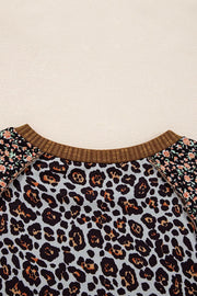 Leopard Floral Print Ribbed Puff Sleeve Sweatshirt in Brown, fit detail