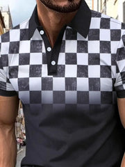 Black and white ombre checkered polo shirt with a button-up neckline and short sleeves.