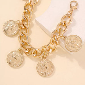 Chunky gold-plated chain bracelet with five coin charms.