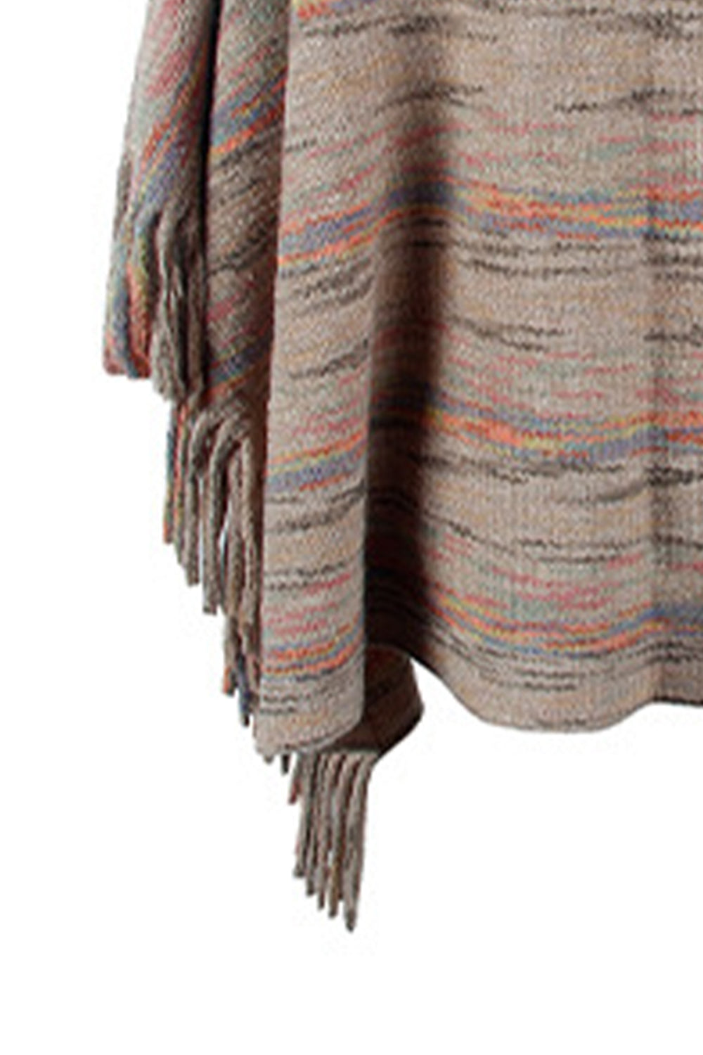 Multicolor knit poncho with fringe detail and striped pattern in Khaki.