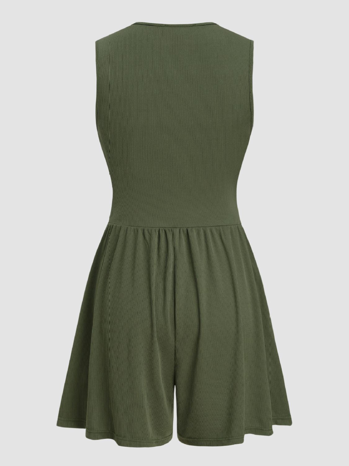 Textured ribbed plunge romper in army green with a cinched waist and flared shorts.