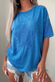 Blue mineral wash cotton tee with oversized star patchwork and waffle knit sleeves.