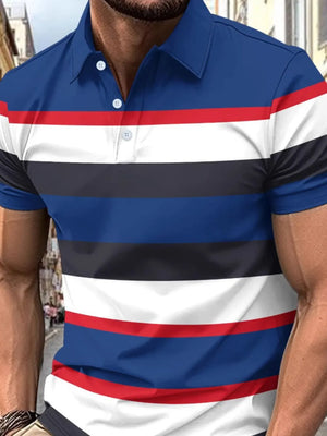 Men's blue polo shirt with bold horizontal stripes in red, white, and black.